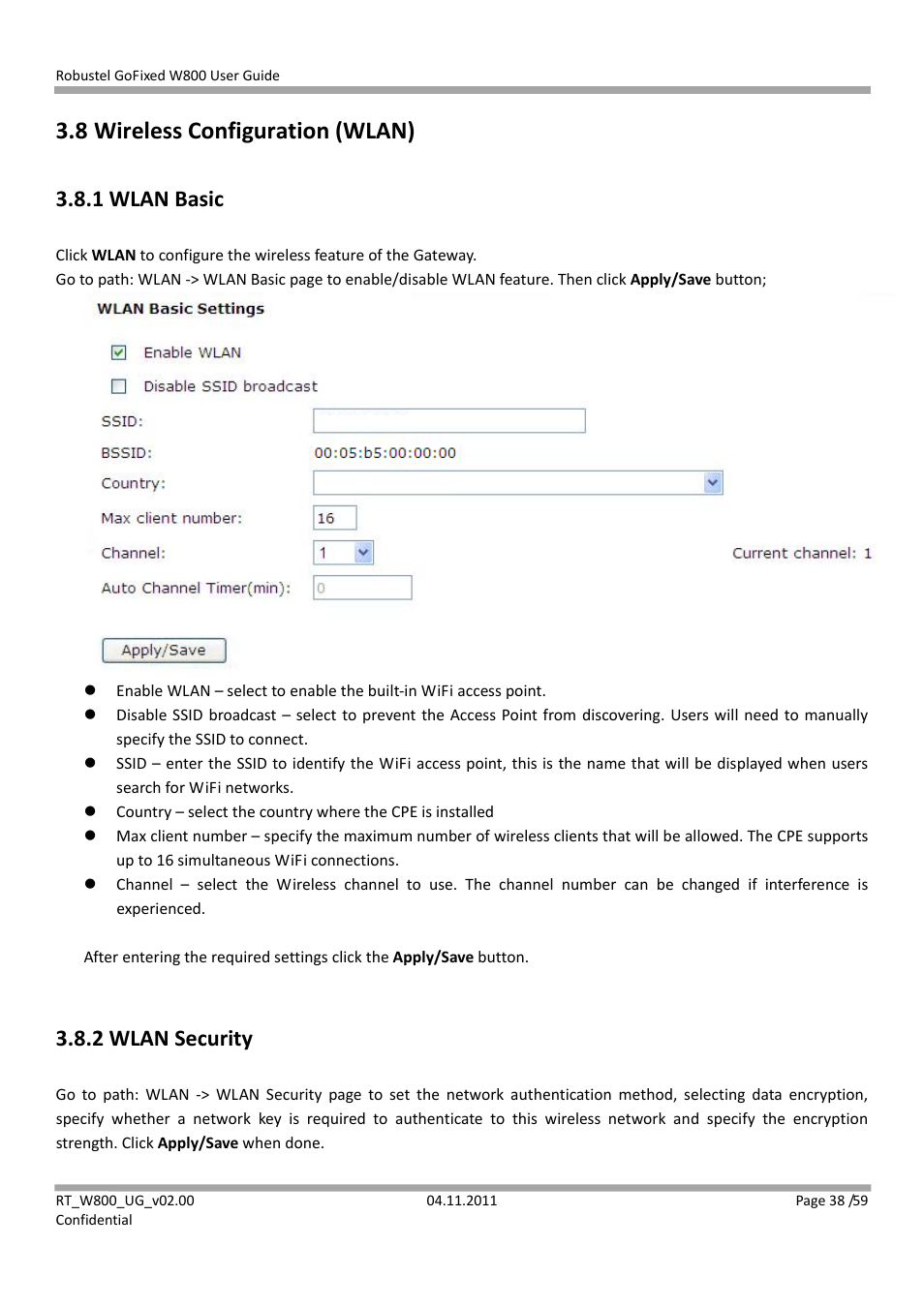 8 wireless configuration (wlan), 1 wlan basic, 2 wlan security | Robustel W800 User Manual | Page 39 / 60