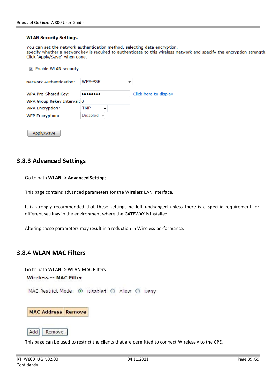 3 advanced settings, 4 wlan mac filters | Robustel W800 User Manual | Page 40 / 60