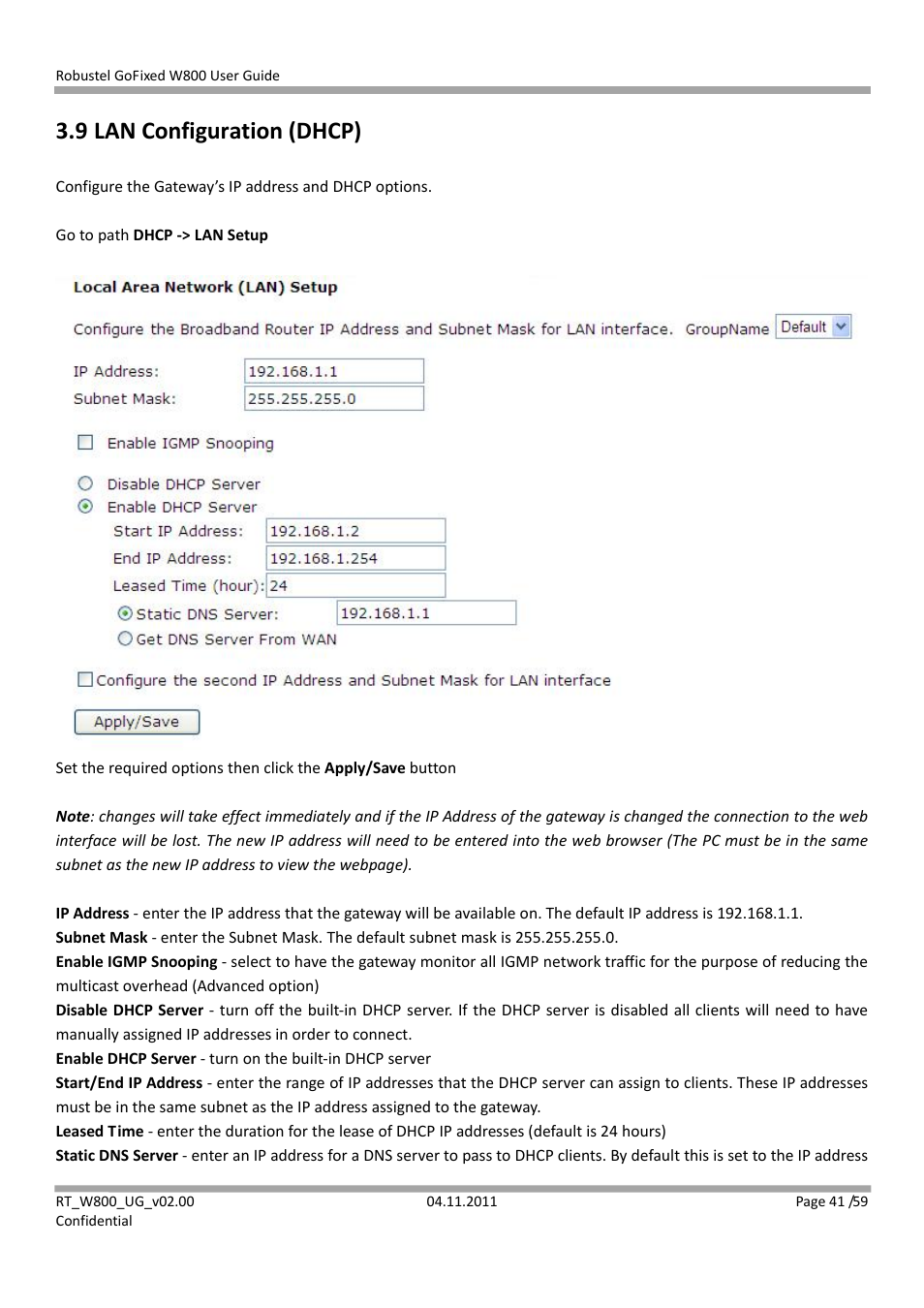 9 lan configuration (dhcp) | Robustel W800 User Manual | Page 42 / 60