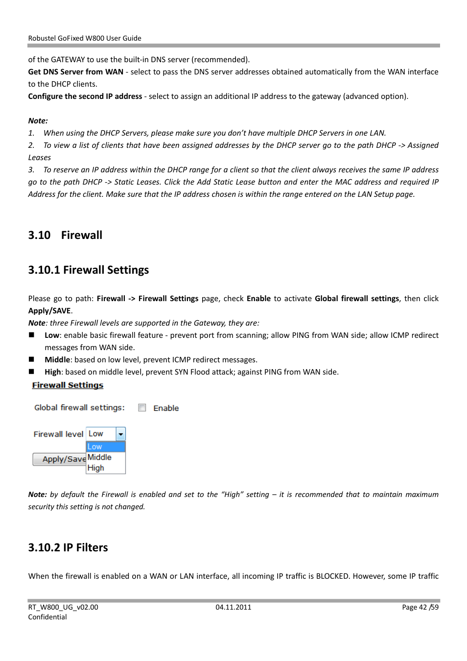 10 firewall, 1 firewall settings, 2 ip filters | Robustel W800 User Manual | Page 43 / 60