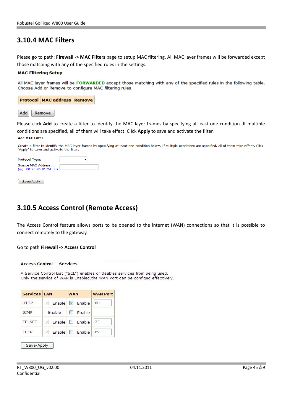 4 mac filters, 5 access control (remote access) | Robustel W800 User Manual | Page 46 / 60