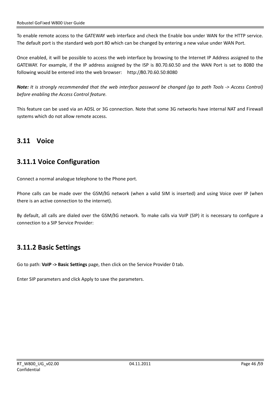 11 voice, 1 voice configuration, 2 basic settings | Robustel W800 User Manual | Page 47 / 60