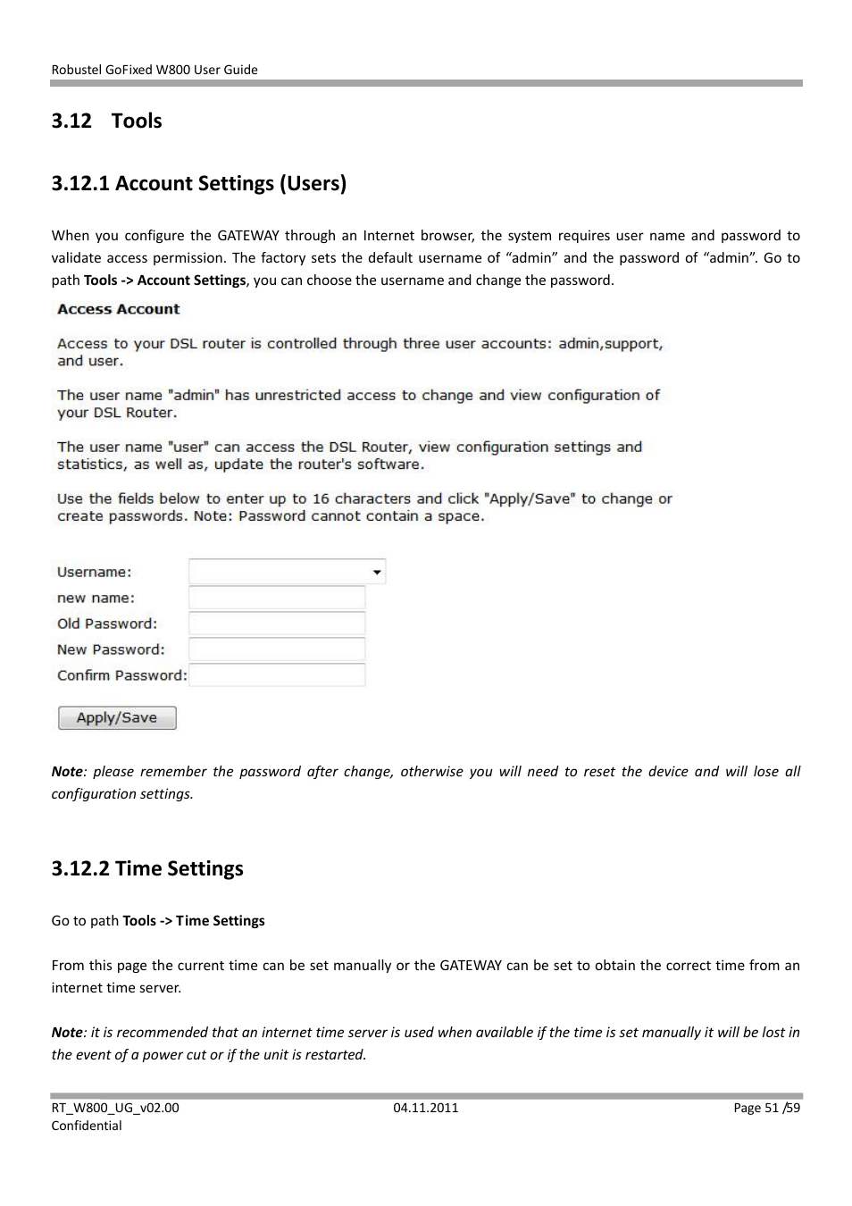 12 tools, 1 account settings (users), 2 time settings | Robustel W800 User Manual | Page 52 / 60