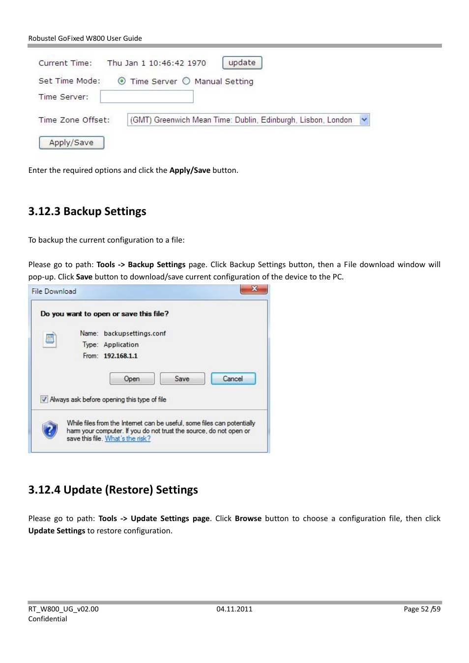 3 backup settings, 4 update (restore) settings | Robustel W800 User Manual | Page 53 / 60