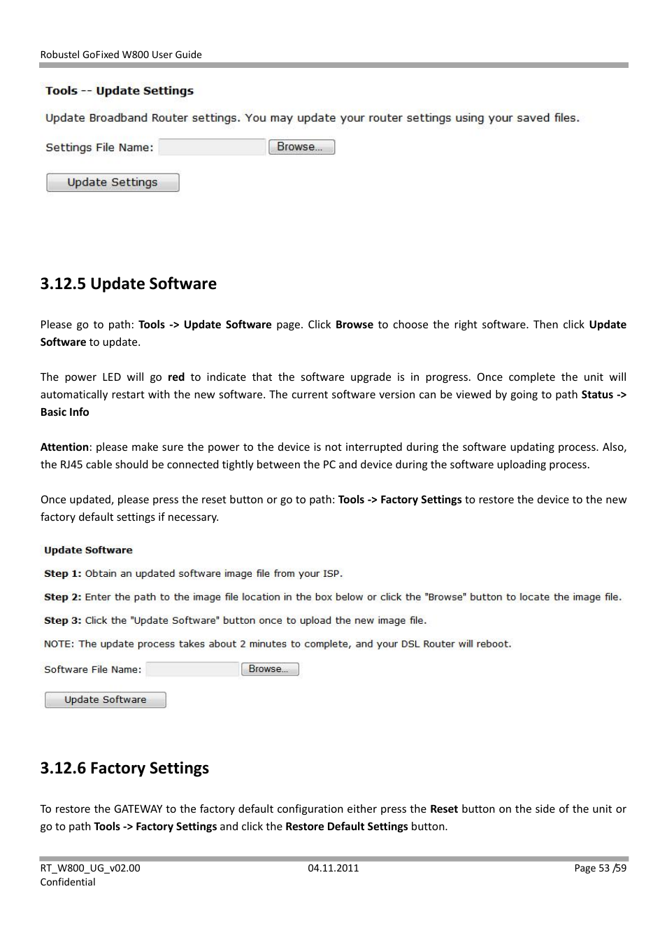 5 update software, 6 factory settings | Robustel W800 User Manual | Page 54 / 60