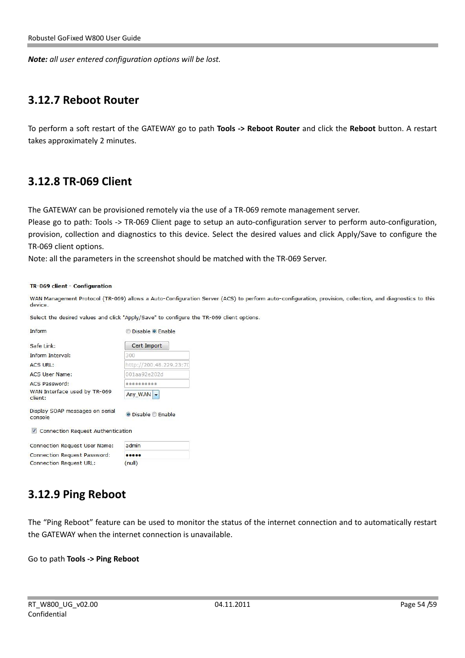 7 reboot router, 8 tr-069 client, 9 ping reboot | 8 tr‐069 client | Robustel W800 User Manual | Page 55 / 60