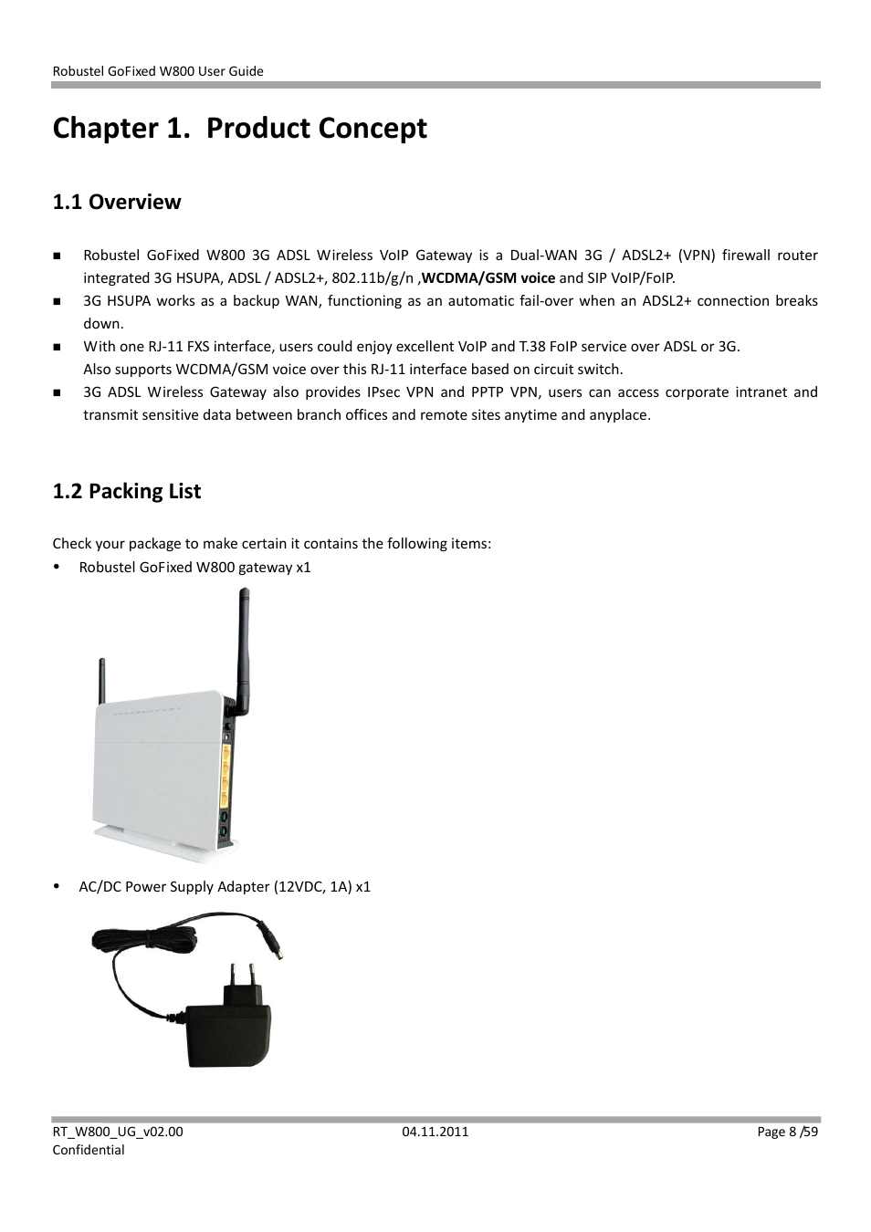 Chapter 1. product concept, 1 overview, 2 packing list | Chapter 1 | Robustel W800 User Manual | Page 9 / 60