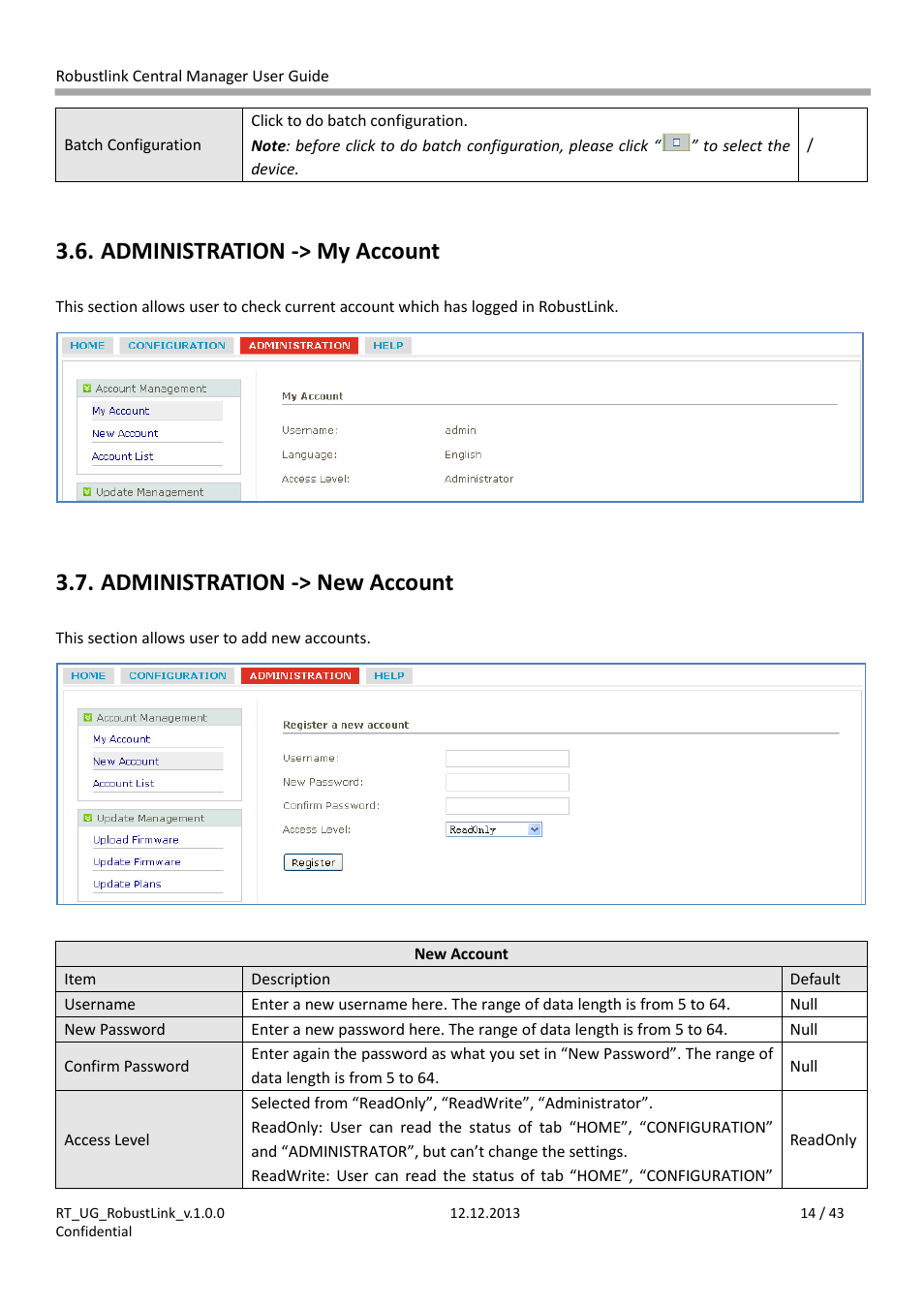 Ole_link112, Ole_link113, Ole_link27 | Ole_link28, Ole_link114, Ole_link115, Administration -> my account, Administration -> new account | Robustel RobustLink User Manual | Page 14 / 43