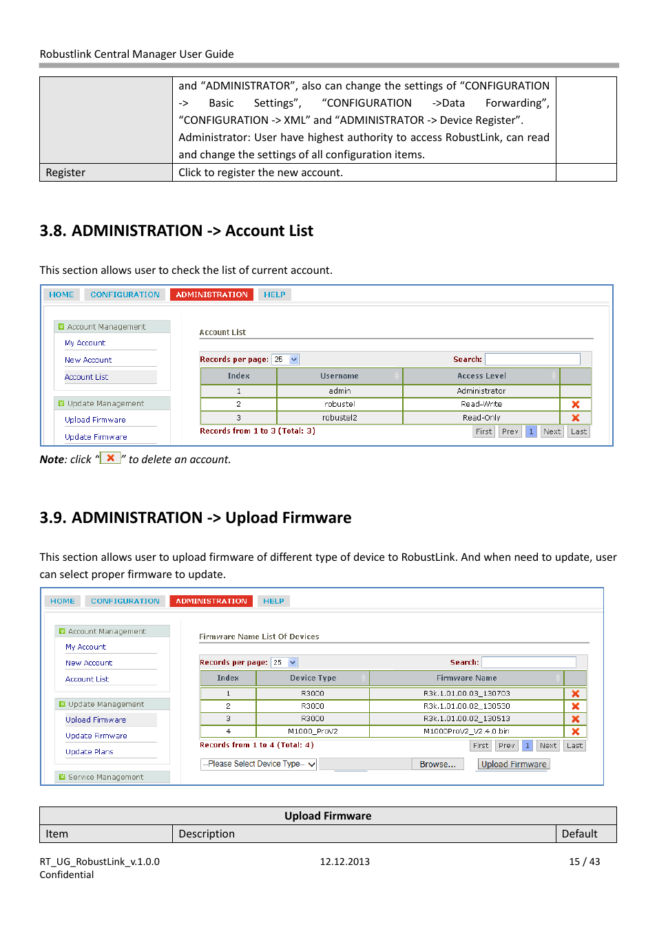 Ole_link29, Ole_link32, Ole_link39 | Ole_link40, Administration -> account list, Administration -> upload firmware | Robustel RobustLink User Manual | Page 15 / 43