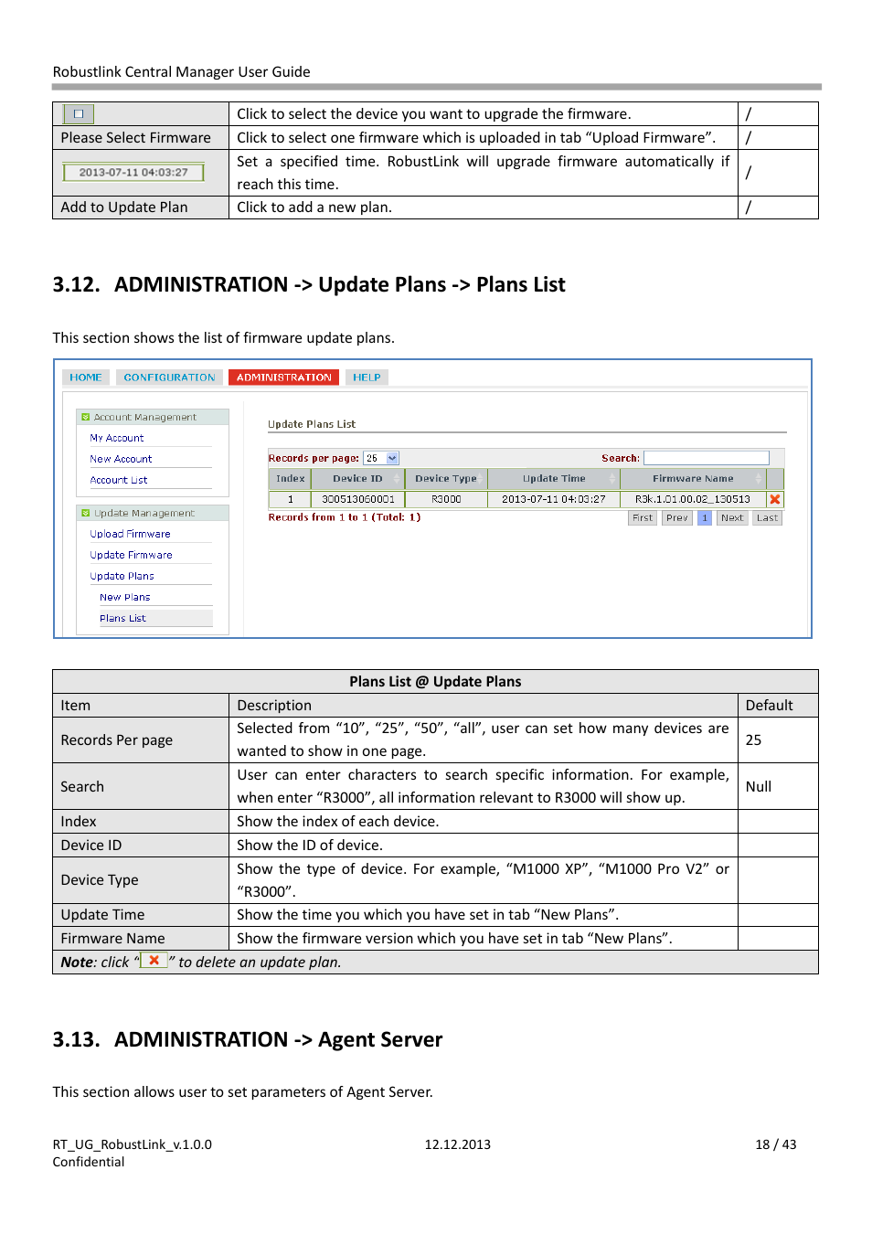 Ole_link35, Ole_link36, Ole_link45 | Ole_link46, Administration -> update plans -> plans list, Administration -> agent server | Robustel RobustLink User Manual | Page 18 / 43