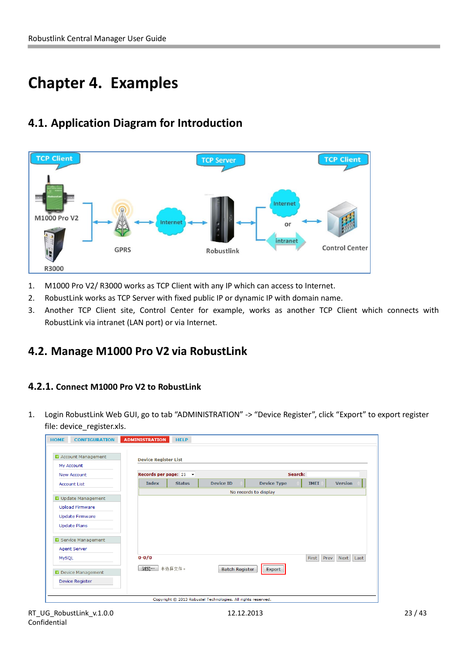 Ole_link1, Ole_link2, Chapter 4 | Examples, Application diagram for introduction, Manage m1000 pro v2 via robustlink, Connect m1000 pro v2 to robustlink, Chapter 4. examples, Via robustlink | Robustel RobustLink User Manual | Page 23 / 43