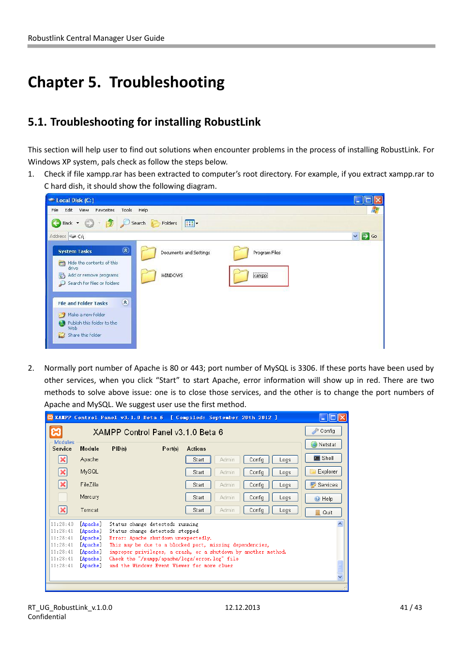 Chapter 5, Troubleshooting, Troubleshooting for installing robustlink | Chapter 5. troubleshooting | Robustel RobustLink User Manual | Page 41 / 43