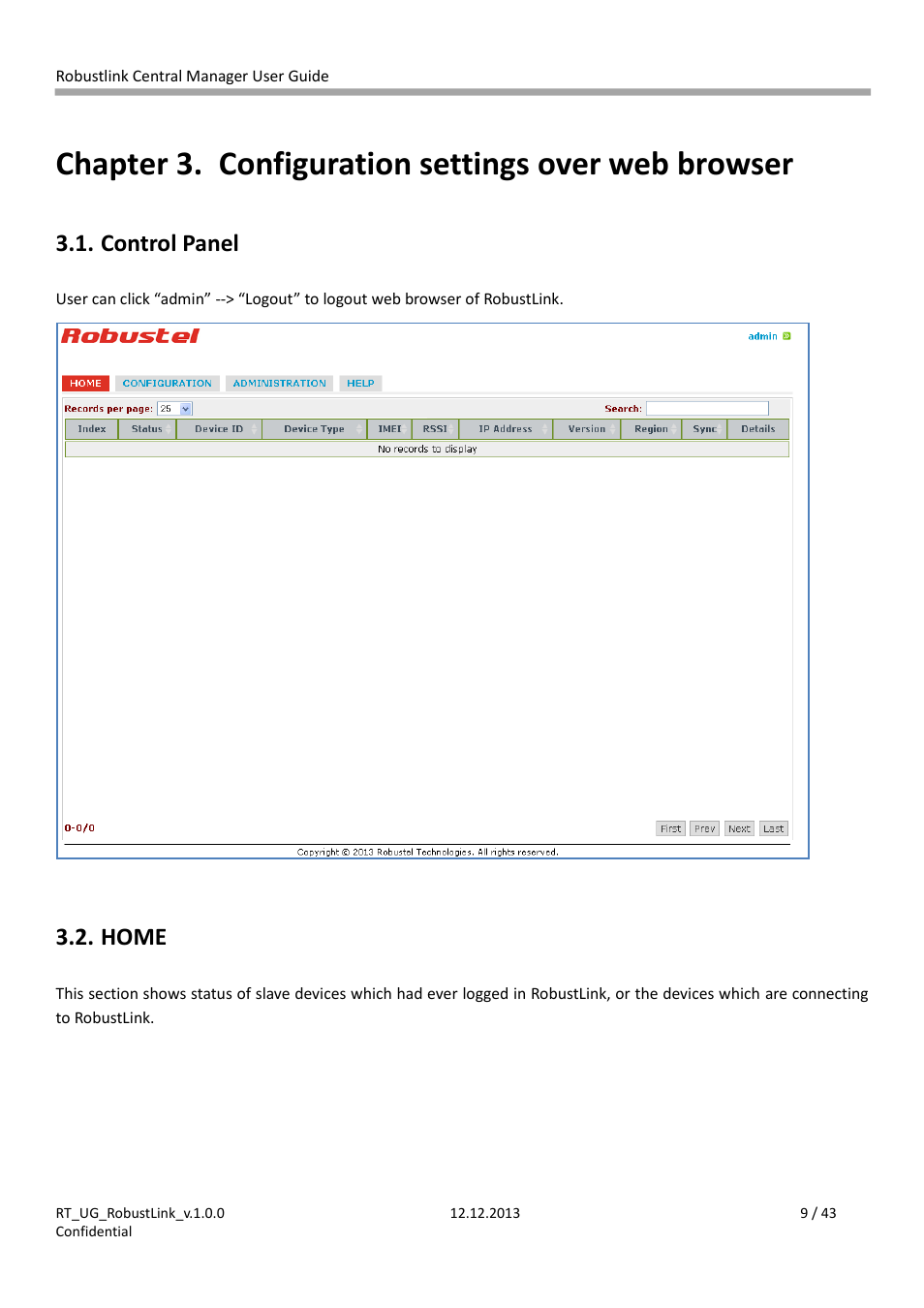 Chapter 3, Configuration settings over web browser, Control panel | Home, Chapter 3. configuration settings over web browser | Robustel RobustLink User Manual | Page 9 / 43