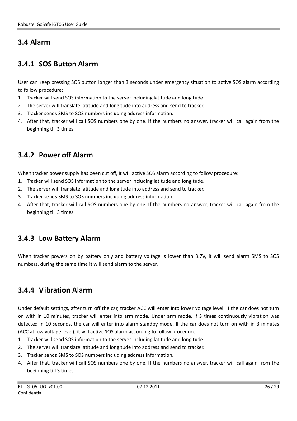 4 alarm, 1 sos button alarm, 2 power off alarm | 3 low battery alarm, 4 vibration alarm, 4 alarm 3.4.1 sos button alarm | Robustel iGT06 User Manual | Page 27 / 29