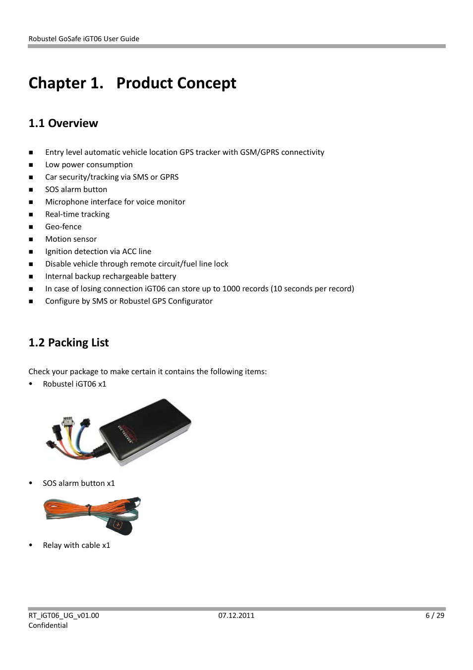 Chapter 1. product concept, 1 overview, 2 packing list | Chapter 1, Product concept | Robustel iGT06 User Manual | Page 7 / 29