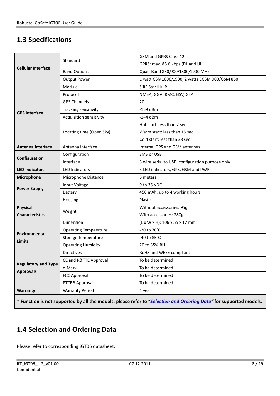 3 specifications, 4 selection and ordering data | Robustel iGT06 User Manual | Page 9 / 29