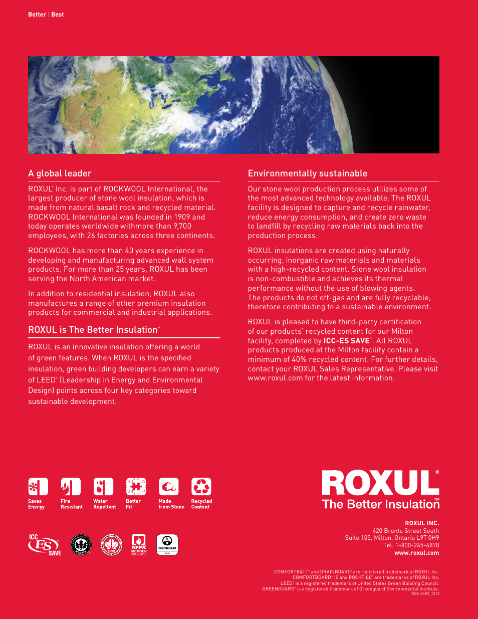 A global leader, Roxul is the better insulation, Environmentally sustainable | Roxul | Roxul ComfortBatt User Manual | Page 24 / 24