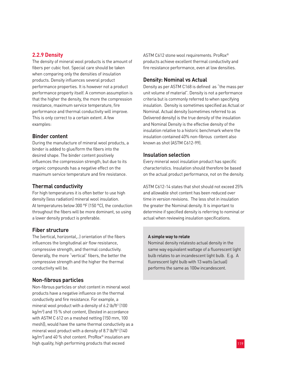 9 density, Binder content, Thermal conductivity | Fiber structure, Non-fibrous particles, Density: nominal vs actual, Insulation selection | Roxul Industrial Insulation Process User Manual | Page 122 / 191