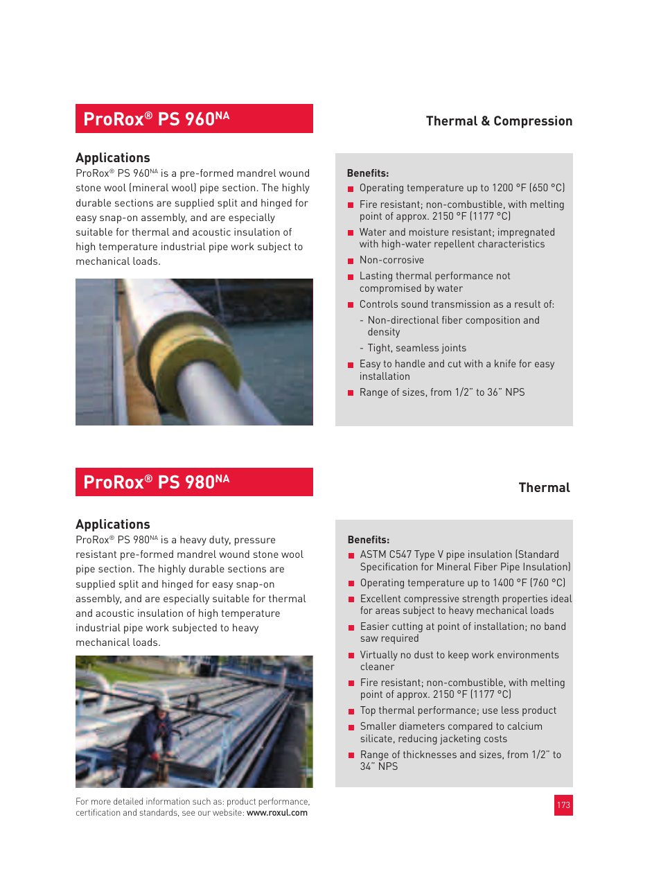 Prorox, Ps 960, Ps 980 | Applications, Thermal & compression applications, Thermal | Roxul Industrial Insulation Process User Manual | Page 177 / 191