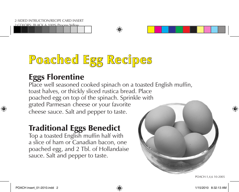 Poached egg recipes, Eggs florentine, Traditional eggs benedict | RSVP POACH User Manual | Page 2 / 2