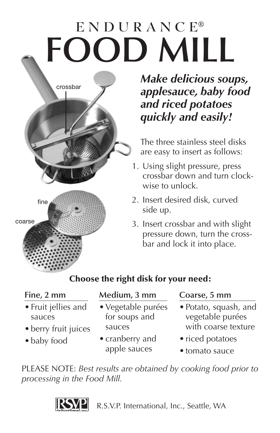 RSVP FOOD MILL User Manual | 2 pages