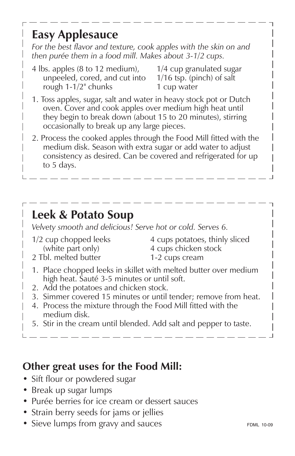 Leek & potato soup, Easy applesauce, Other great uses for the food mill | RSVP FOOD MILL User Manual | Page 2 / 2