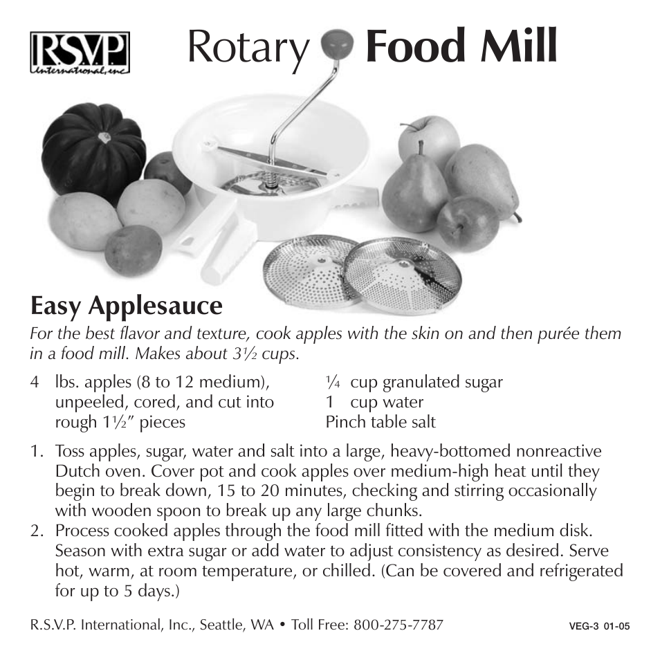 RSVP Rotary Food Mill User Manual | 2 pages