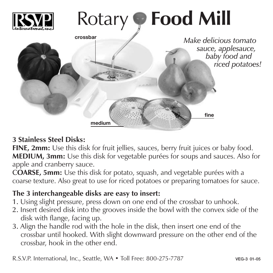 Rotary, Food mill | RSVP Rotary Food Mill User Manual | Page 2 / 2