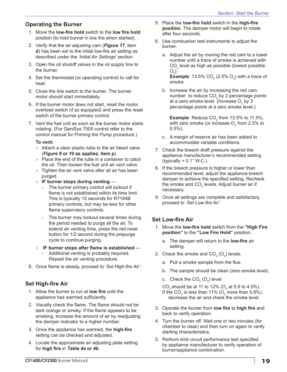 Set low-fi re air, Operating the burner, Set high-fi re air | Beckett CULUS CF1400 User Manual | Page 19 / 24