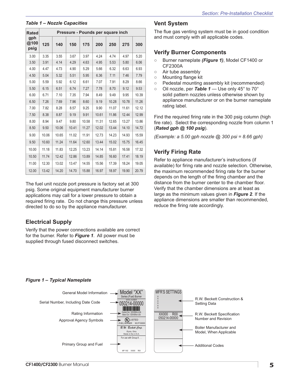 Electrical supply, Vent system, Verify burner components | Verify firing rate, Model “xx | Beckett CULUS CF1400 User Manual | Page 5 / 24