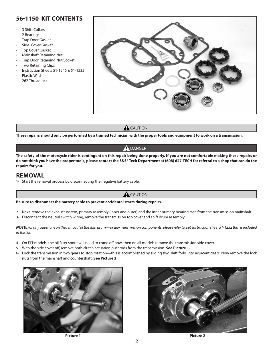 Removal, 1150 kit contents | S&S Cycle Shift Collar Replacement for S&S Transmission User Manual | Page 2 / 7
