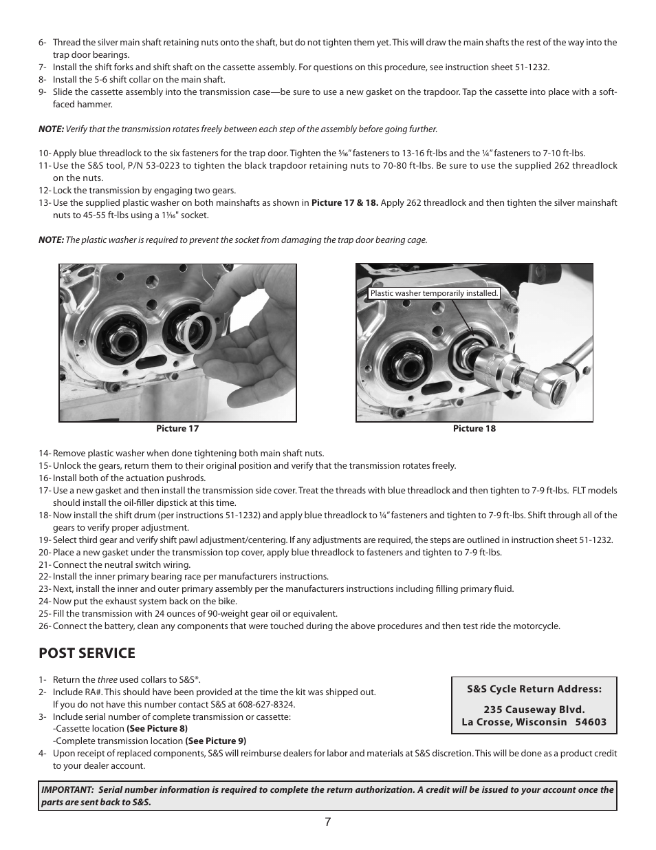 Post service | S&S Cycle Shift Collar Replacement for S&S Transmission User Manual | Page 7 / 7