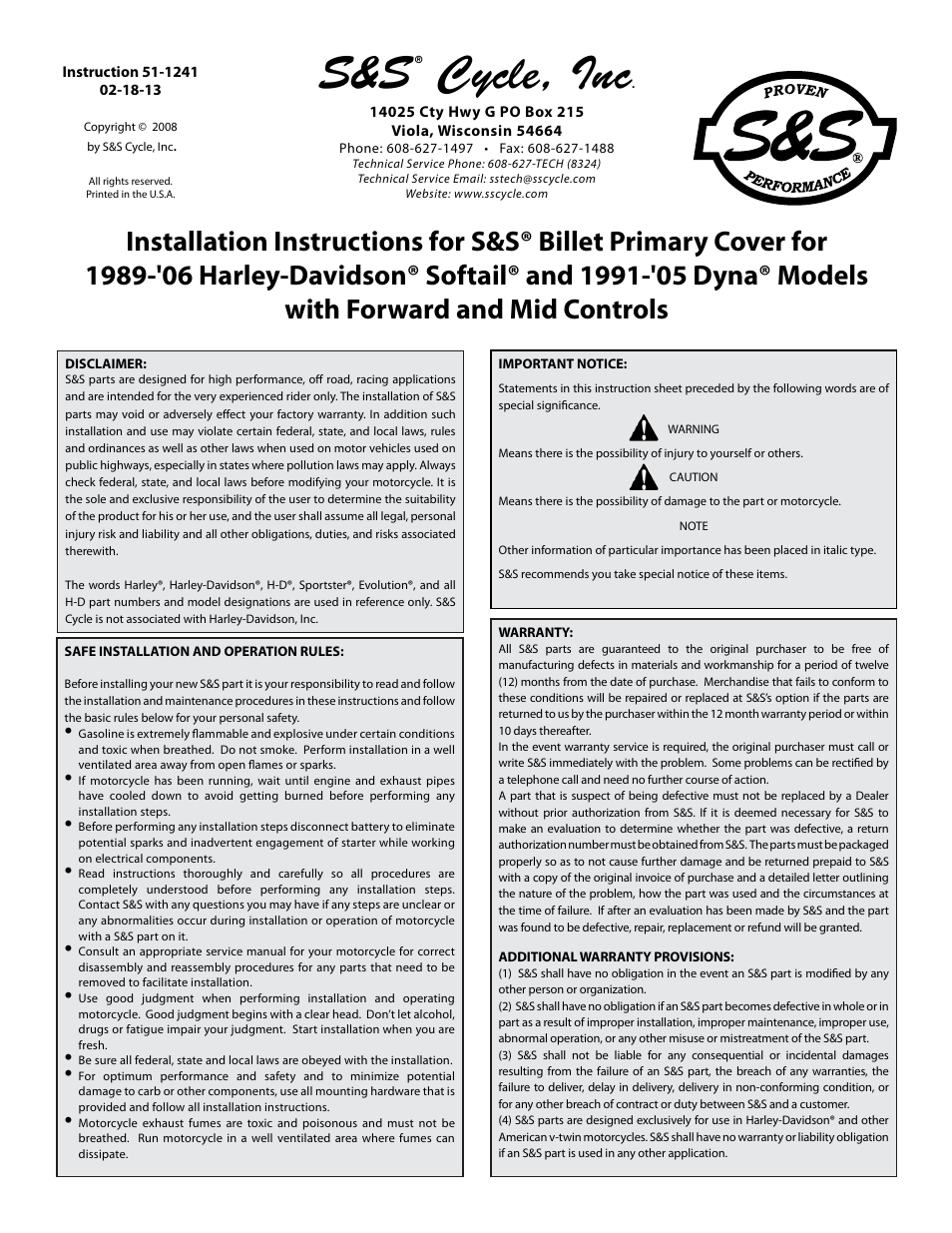 S&S Cycle Billet Primary Cover for 1989-06 Harley-Davidson Softail and 1991-05 Dyna Models with Forward and Mid Controls User Manual | 4 pages
