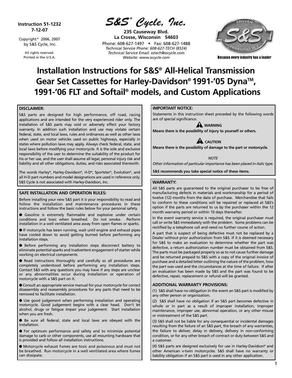 S&S Cycle All-Helical Transmission Gear Set Cassettes for Harley-Davidson 1991-05 Dyna, 1991-06 FLT and Softail models, and Custom Applications User Manual | 20 pages
