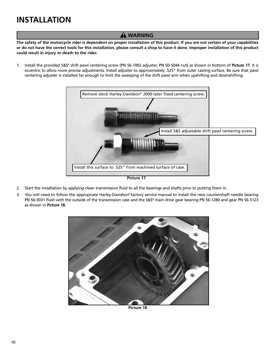 Installation, Warning | S&S Cycle All-Helical Transmission Gear Set Cassettes for Harley-Davidson 1991-05 Dyna, 1991-06 FLT and Softail models, and Custom Applications User Manual | Page 10 / 20