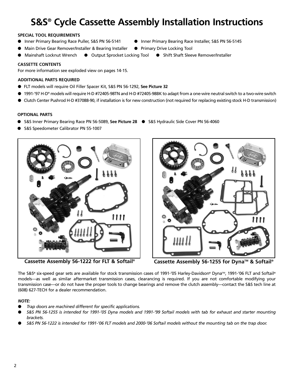 Cycle cassette assembly installation instructions | S&S Cycle All-Helical Transmission Gear Set Cassettes for Harley-Davidson 1991-05 Dyna, 1991-06 FLT and Softail models, and Custom Applications User Manual | Page 2 / 20