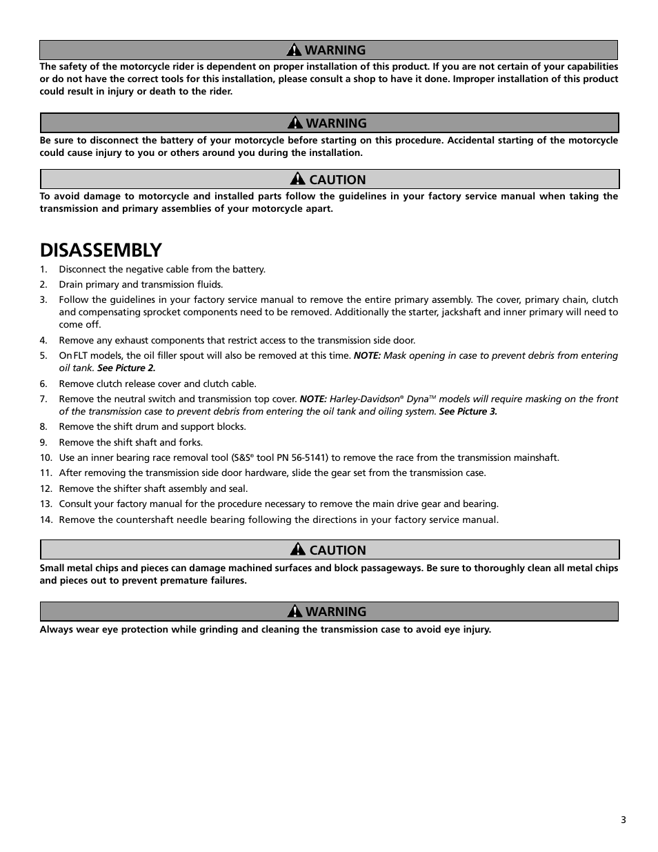 Disassembly, Warning caution caution warning warning | S&S Cycle All-Helical Transmission Gear Set Cassettes for Harley-Davidson 1991-05 Dyna, 1991-06 FLT and Softail models, and Custom Applications User Manual | Page 3 / 20