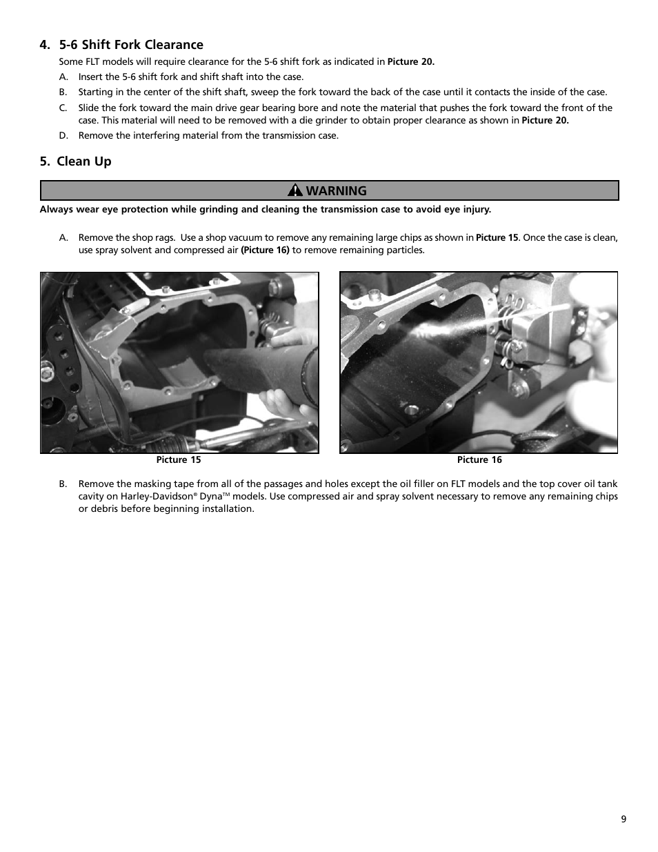 5-6 shift fork clearance, Clean up, Warning | S&S Cycle All-Helical Transmission Gear Set Cassettes for Harley-Davidson 1991-05 Dyna, 1991-06 FLT and Softail models, and Custom Applications User Manual | Page 9 / 20