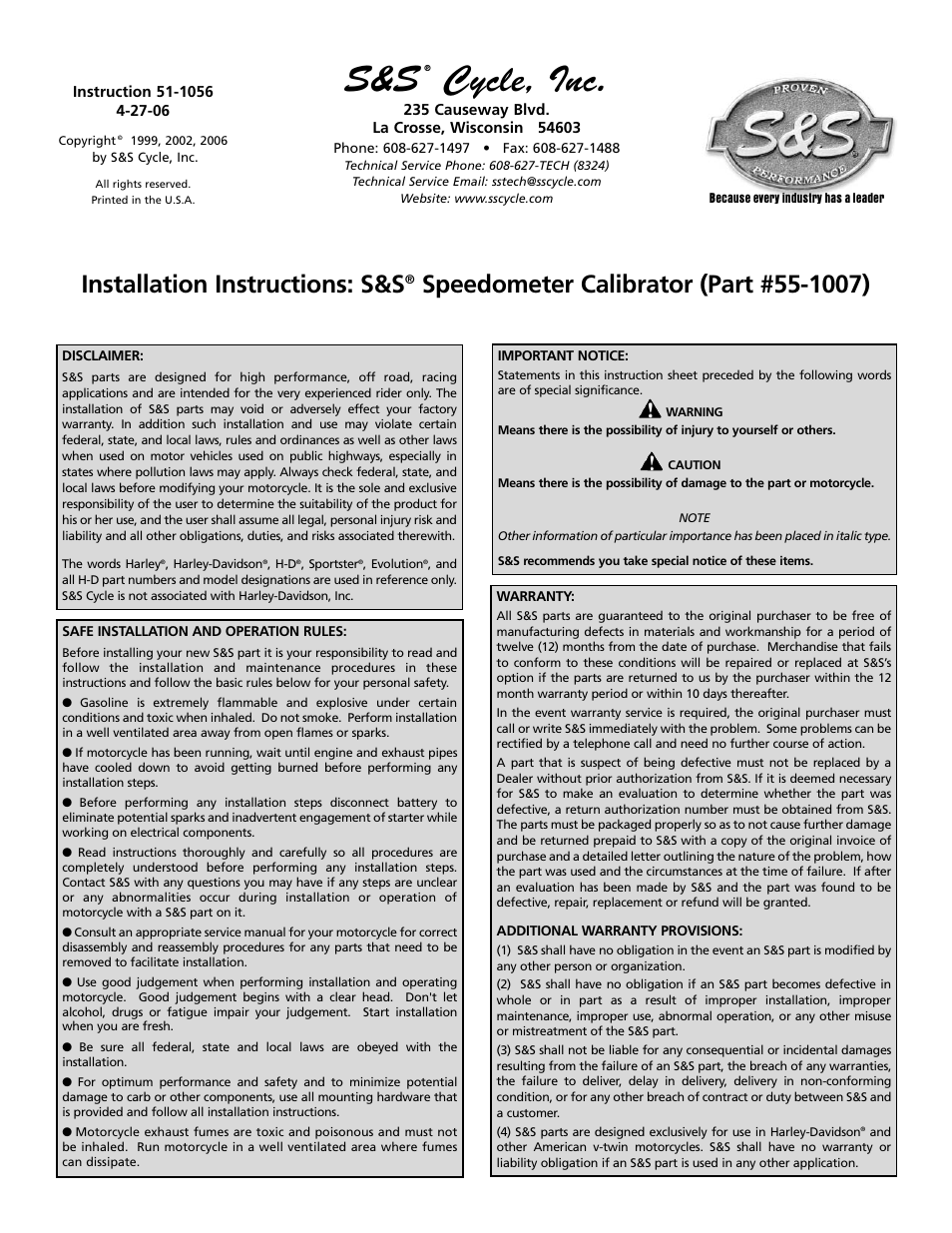 S&S Cycle Speedometer Calibrator (Part 55-1007) User Manual | 4 pages