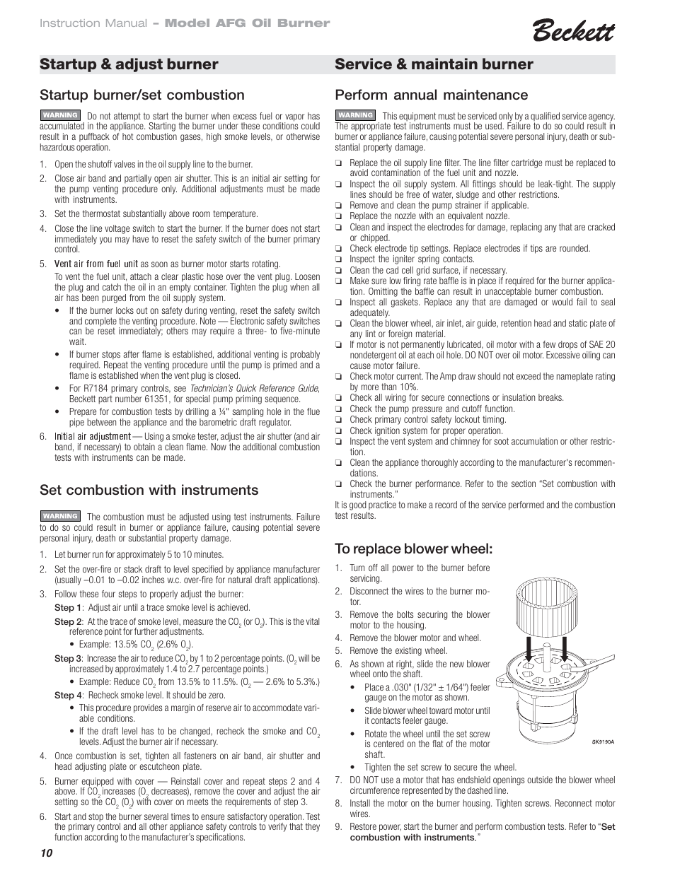 Startup & adjust burner service & maintain burner, Set combustion with instruments | Beckett 120 Vac/60 Hz User Manual | Page 10 / 12