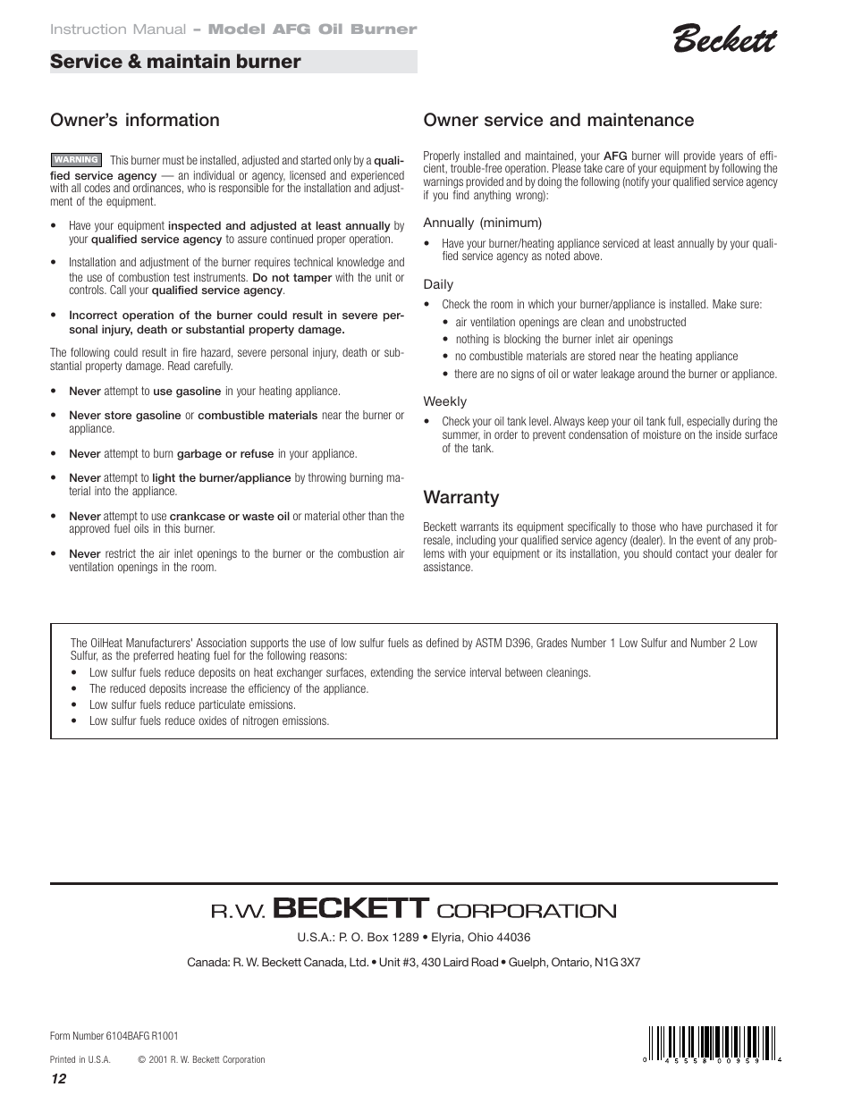 Service & maintain burner, Owner service and maintenance, Owner’s information | Warranty | Beckett 120 Vac/60 Hz User Manual | Page 12 / 12