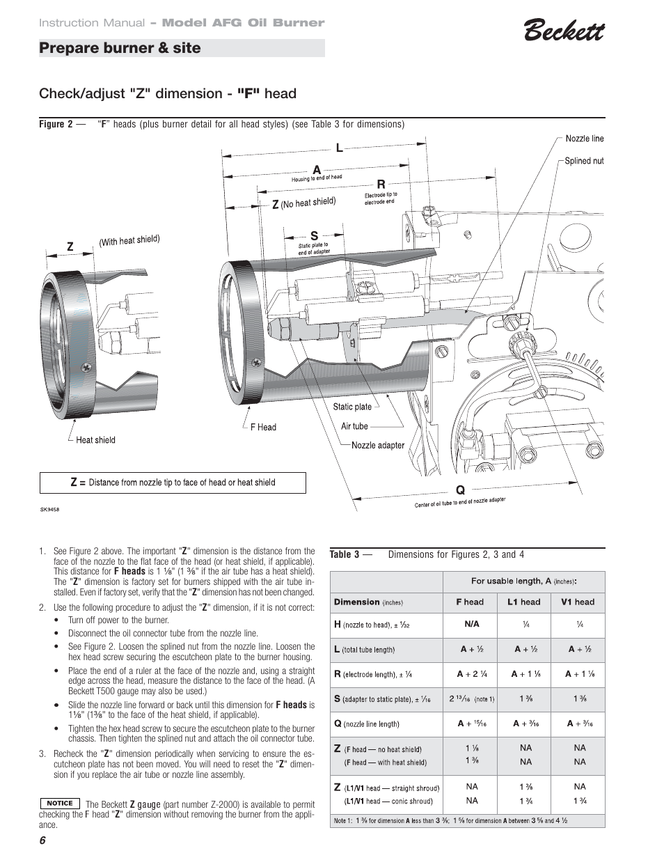 Prepare burner & site, Check/adjust "z" dimension - "f" head | Beckett 120 Vac/60 Hz User Manual | Page 6 / 12