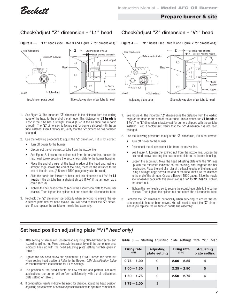 Prepare burner & site, Set head position adjusting plate (“v1” head only) | Beckett 120 Vac/60 Hz User Manual | Page 7 / 12