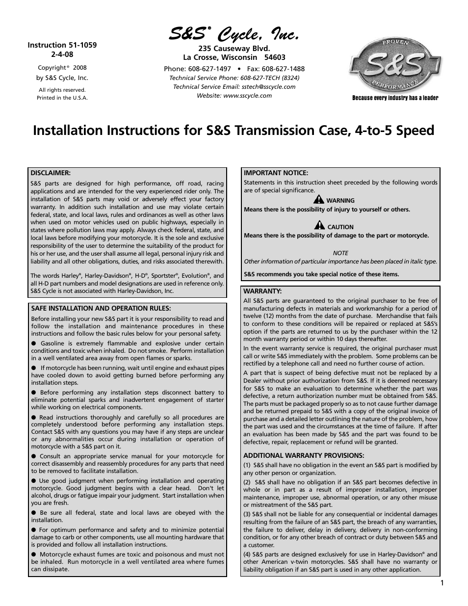 S&S Cycle Transmission Case, 4-to-5 Speed User Manual | 8 pages