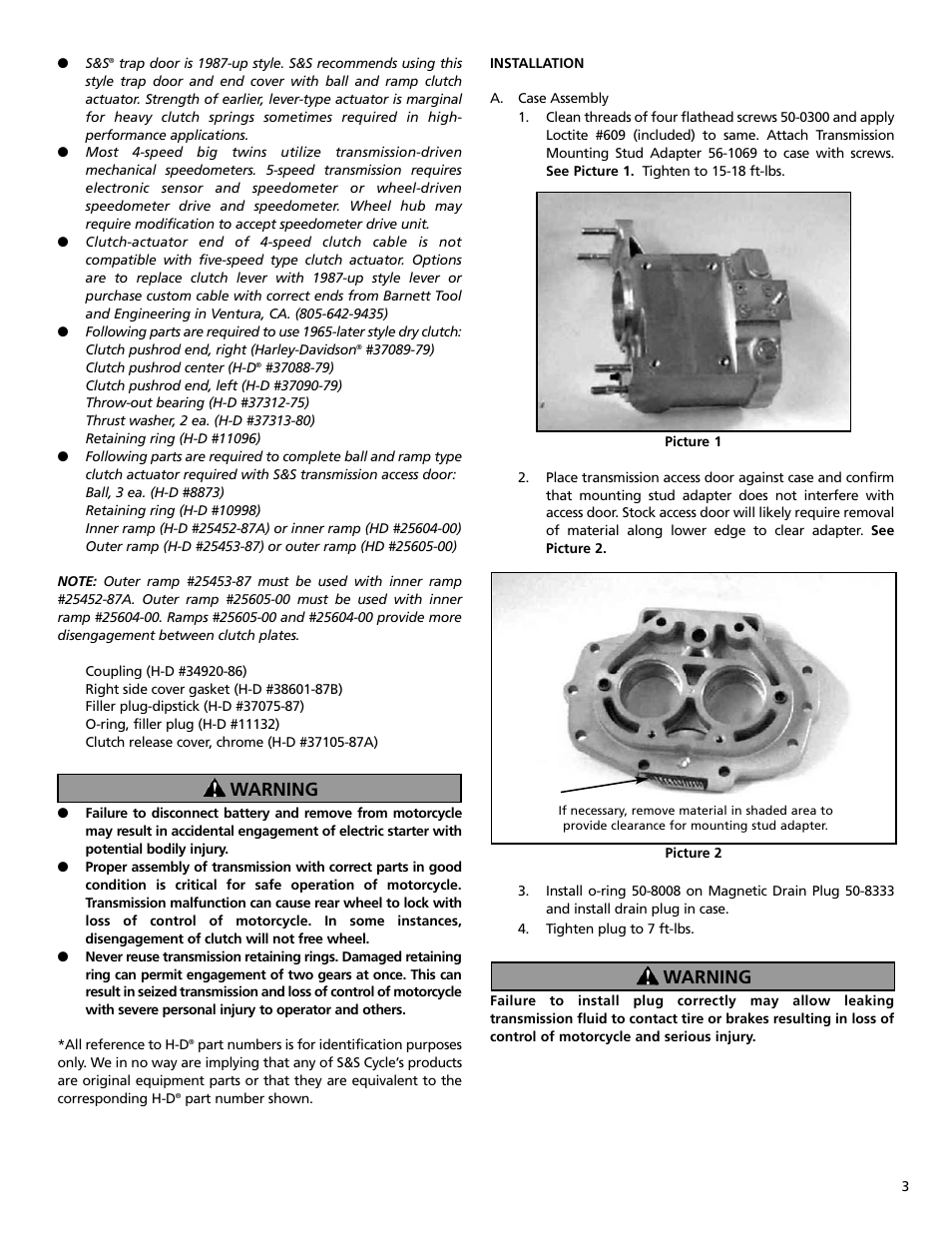 Warning | S&S Cycle Transmission Case, 4-to-5 Speed User Manual | Page 3 / 8