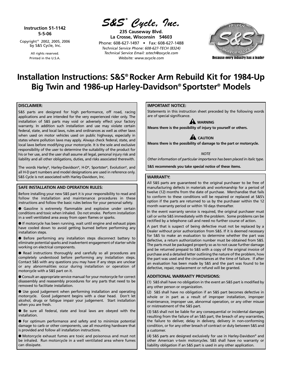 S&S Cycle Rocker Arm Rebuild Kit for 1984-Up Big Twin and 1986-up Harley-Davidson Sportster Models User Manual | 4 pages