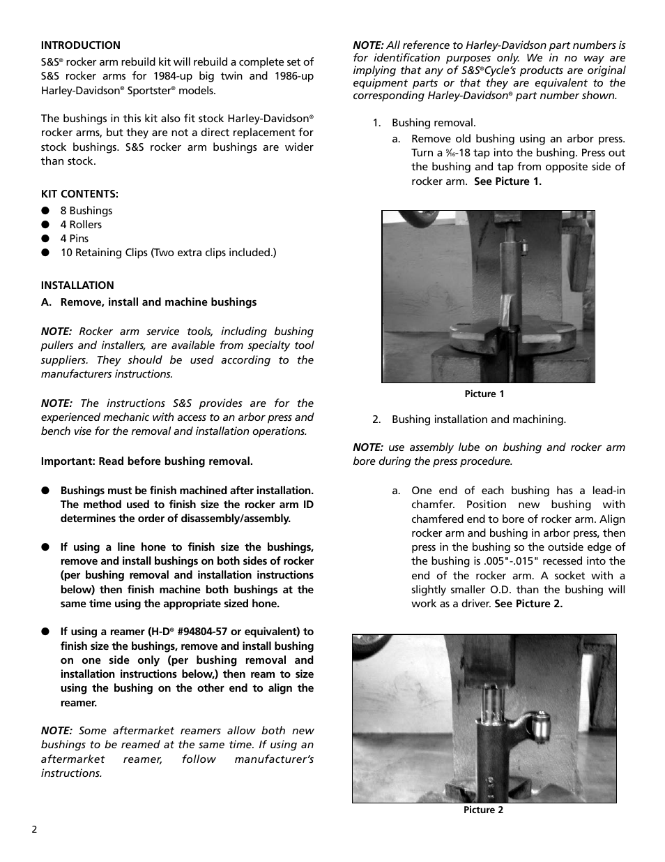 S&S Cycle Rocker Arm Rebuild Kit for 1984-Up Big Twin and 1986-up Harley-Davidson Sportster Models User Manual | Page 2 / 4