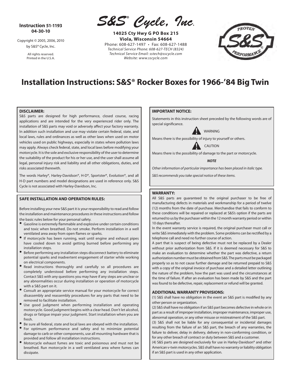 S&S Cycle Rocker Boxes for 1966-84 Big Twin User Manual | 7 pages