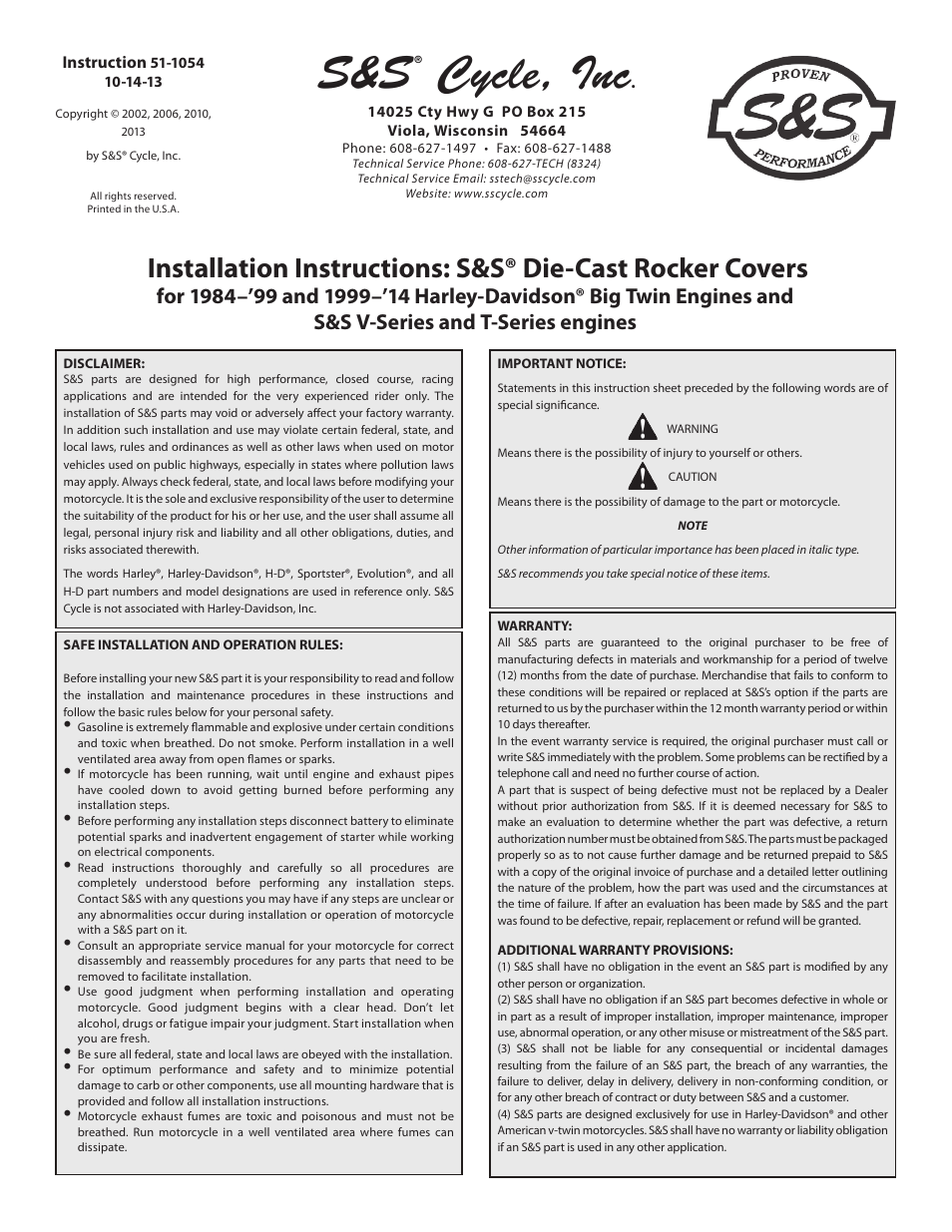 S&S Cycle Die-Cast Rocker Covers for 1984–99 and 1999–14 Harley-Davidson Big Twin Engines and S&S V-Series and T-Series engines User Manual | 7 pages