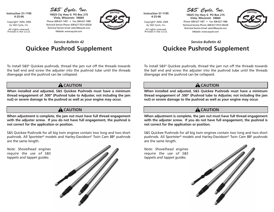 S&S Cycle Quickee Pushrod Supplement User Manual | 1 page